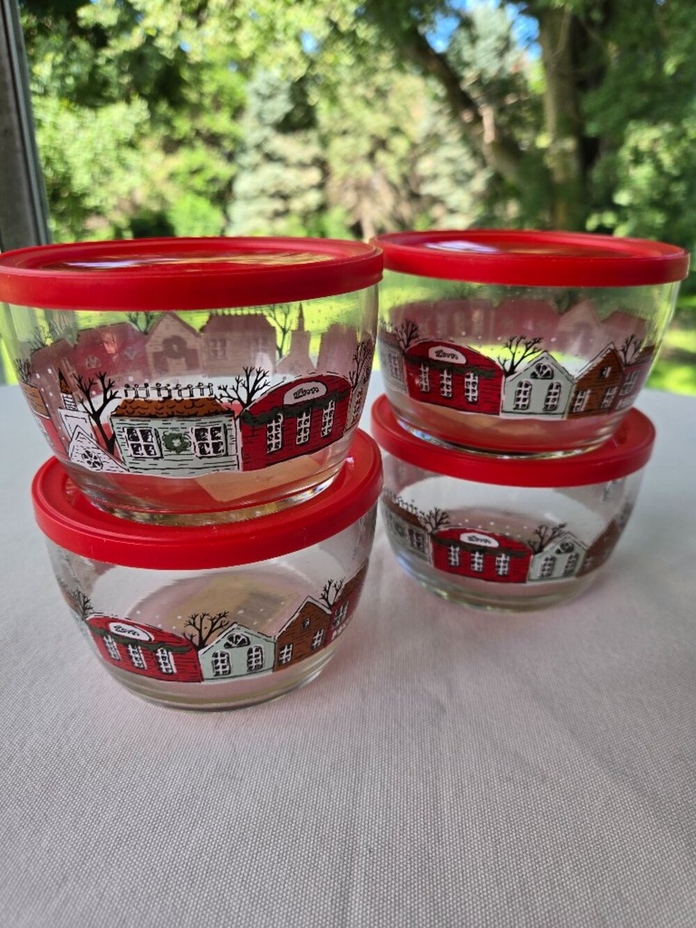 4 Piece Vintage Libbey Glass Winter Town Christmas Scene Small Bowls With Lids